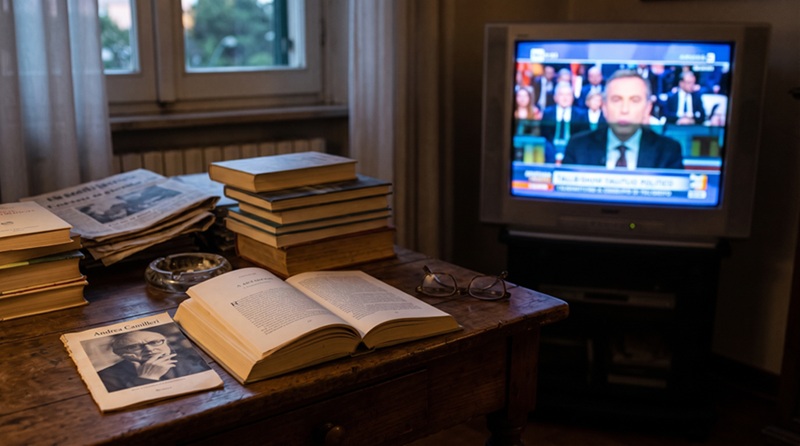 Tavolo con libri aperti, occhiali da lettura e un volume su Andrea Camilleri in primo piano, con un televisore acceso su un talk show politico in sottofondo