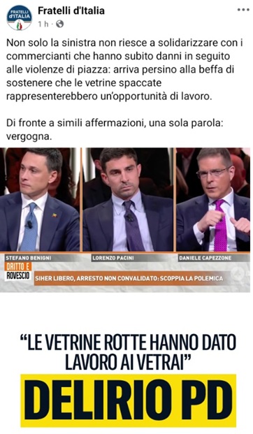 Screenshot del post social di Fratelli d'Italia con il talk show Dritto e Rovescio e la scritta "Le vetrine rotte hanno dato lavoro ai vetrai - Delirio PD"