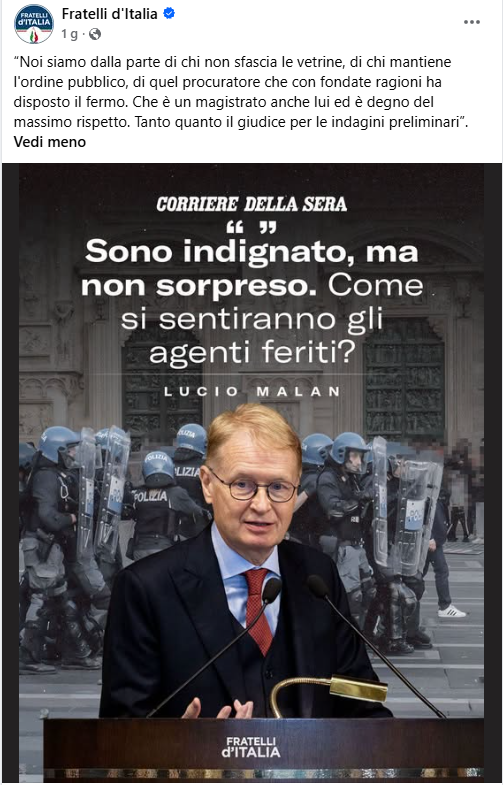 Fonte: Pagina ufficiale Facebook di Fratelli d'Italia, dichiarazioni del senatore Lucio Malan