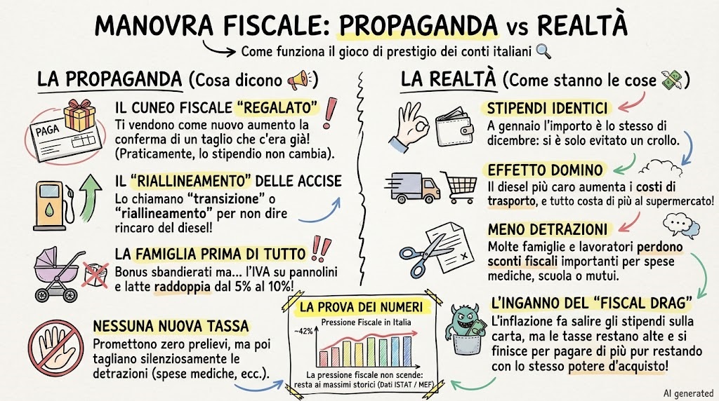 Infografica disegnata a mano che confronta la propaganda politica sulla manovra fiscale (promesse su cuneo, accise, IVA e tasse) con lo stato di fatto reale per i cittadini (stipendi invariati, caro diesel, tagli alle detrazioni e fiscal drag), basata su dati ISTAT e MEF